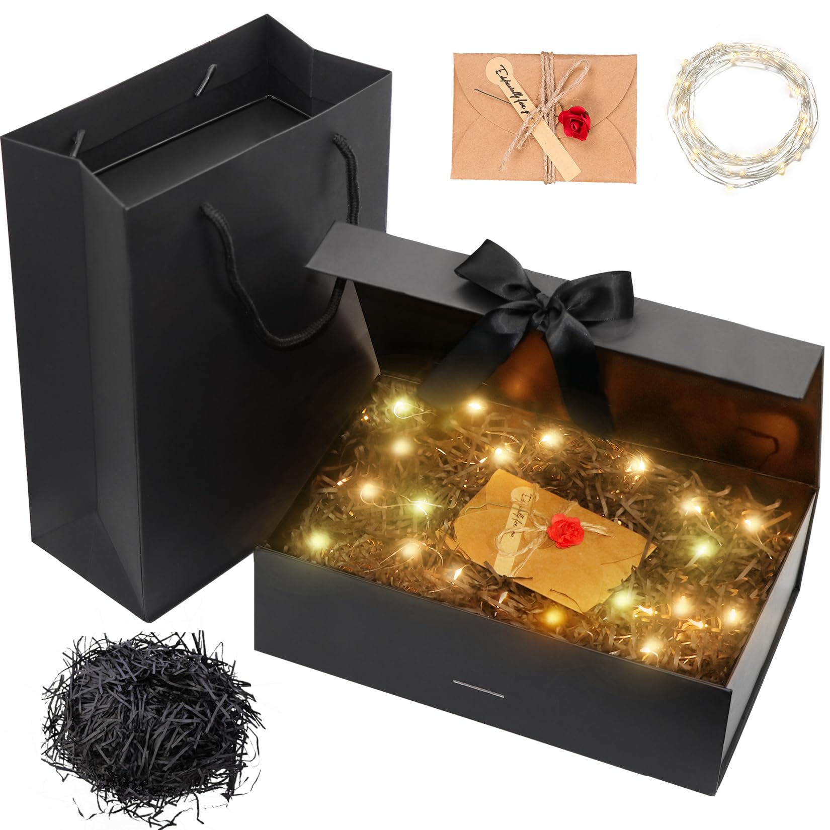 Idota Gift Box with Lid, Black Gift Box with Bow, Bag, Ribbon, Light, Raffia, Greeting Cards, Gift Boxes for Wedding, Birthday, Christmas, Anniversary (Black L)