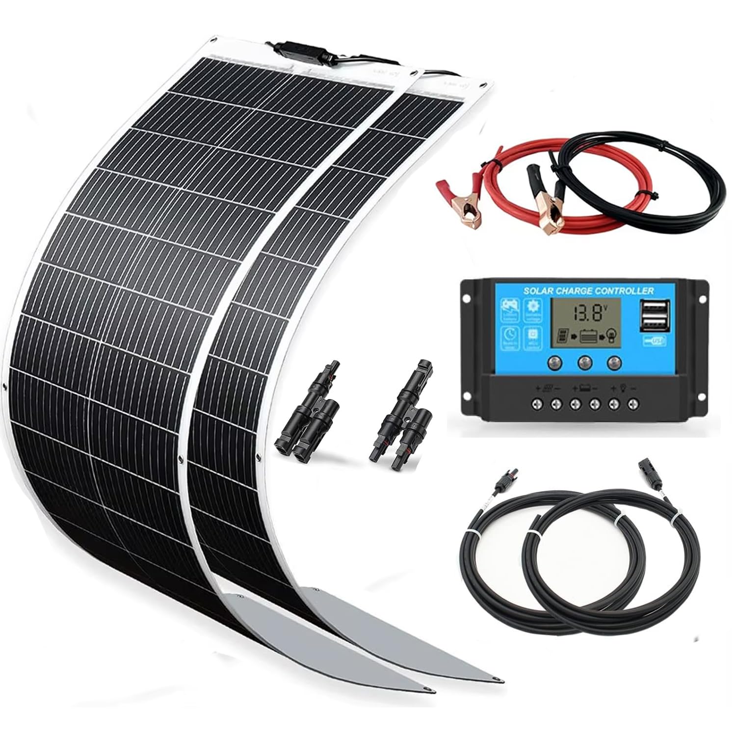 Solarpanel-Kit Flexibel 200W Monokristallin 2x100W Solarmodul 20A 12V/24V Laderegler Solarkabel Komplettset für 12V Batterien Wohnmobil Camping