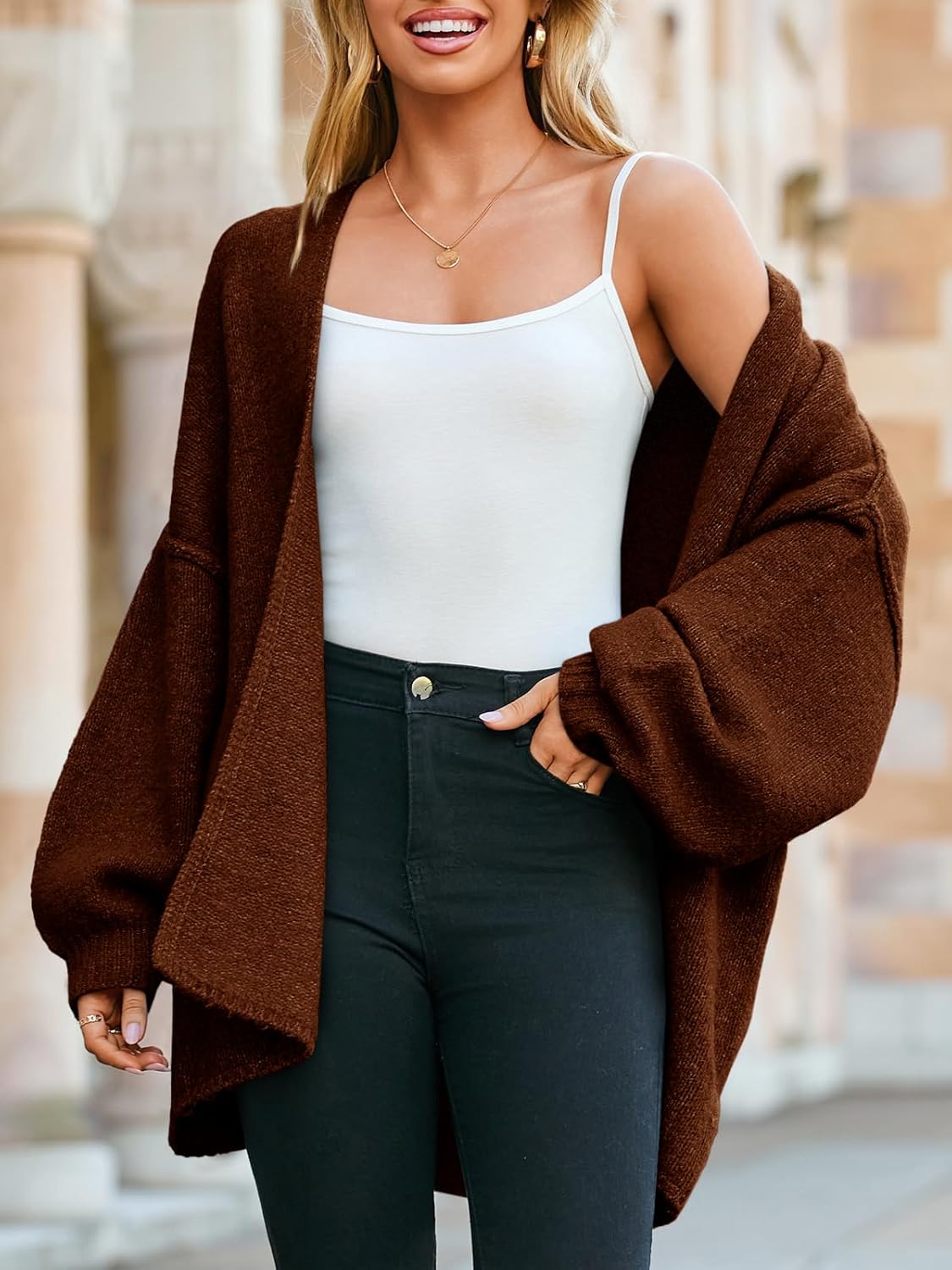 Saodimallsu Womens Oversized Cardigan Sweaters Open Front Chunky Knit Casual Long Lantern Sleeve Fall Sweater Coats - Image 4