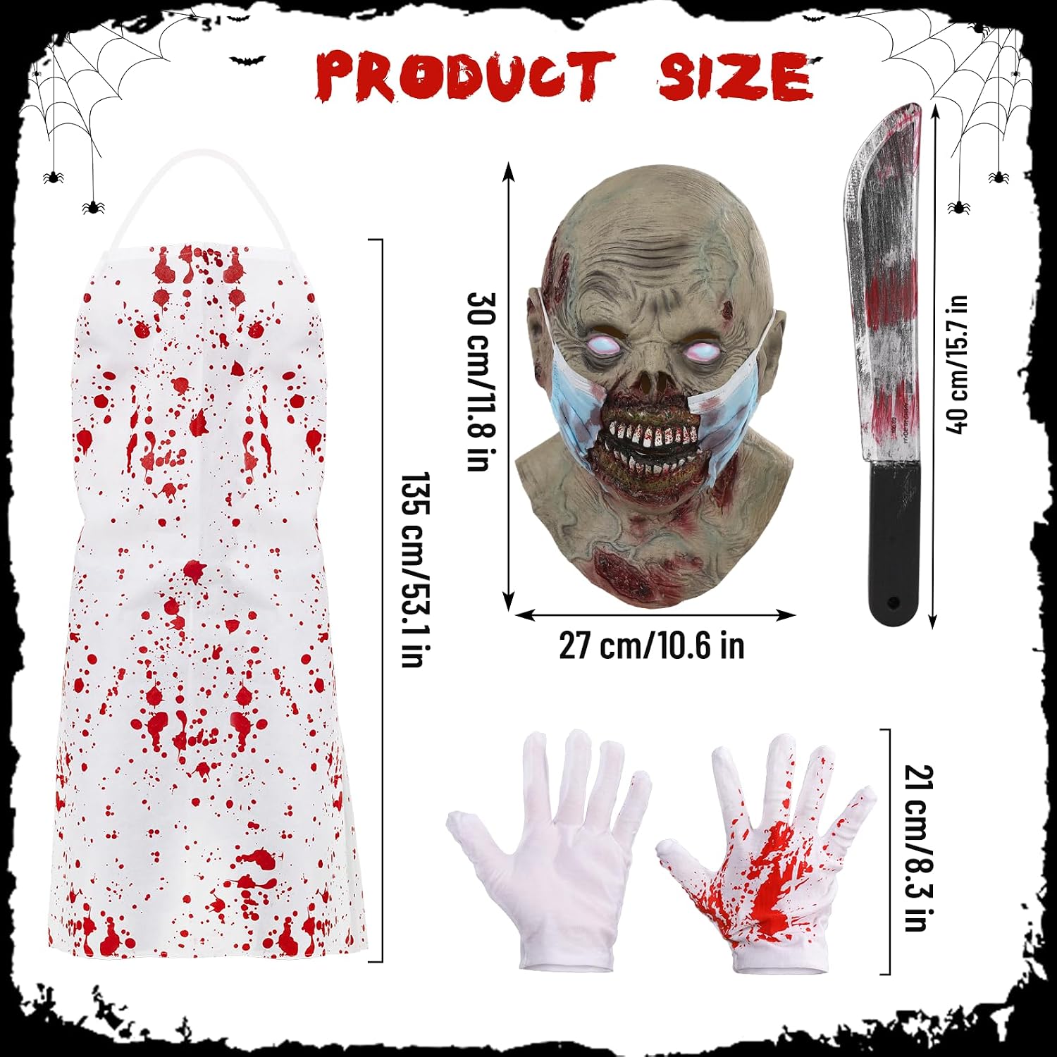 Bloody Butcher Costumes with Horror Zombie Mask for Scary Halloween Adult Creepy Killer Cosplay with Apron Knife