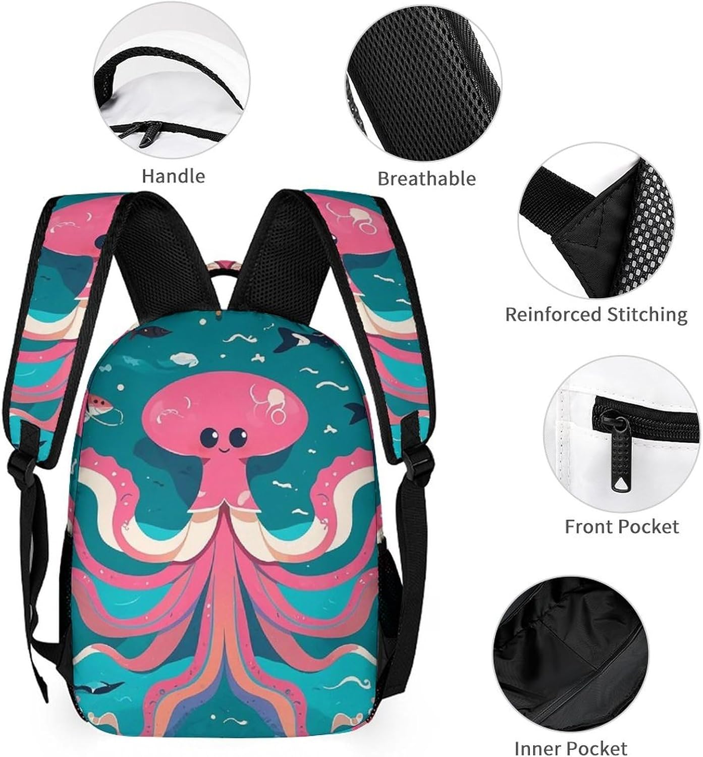 3-in-1 Backpack Set with Lunch Bag & Pencil Case, Marine Creatures for Navigation Backpack with Front Pocket, Insulated Lunch Tote, Large Capacity Pencil Pouch