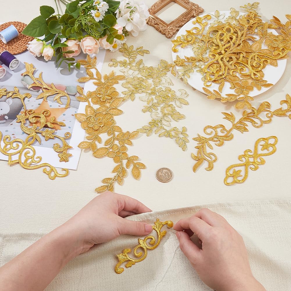 DICOSMETIC 16Pcs 8 Styles Gold Flower Appliques Floral Embroidery Patch Lace DIY Appliques Sew Iron on Patch Sewing Craft Decoration for Prom Wedding Dress Clothes Bags