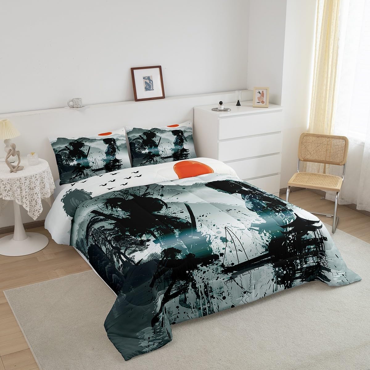 Feelyou Japanese Samurai Bedding Set Boys Girls Queen Size Landscape Comforter Set for Kids Women Men Ultra Soft Sunset Comforter Pavilion Duvet Quilt Japanese Style Bedroom Decor Bird Quilt