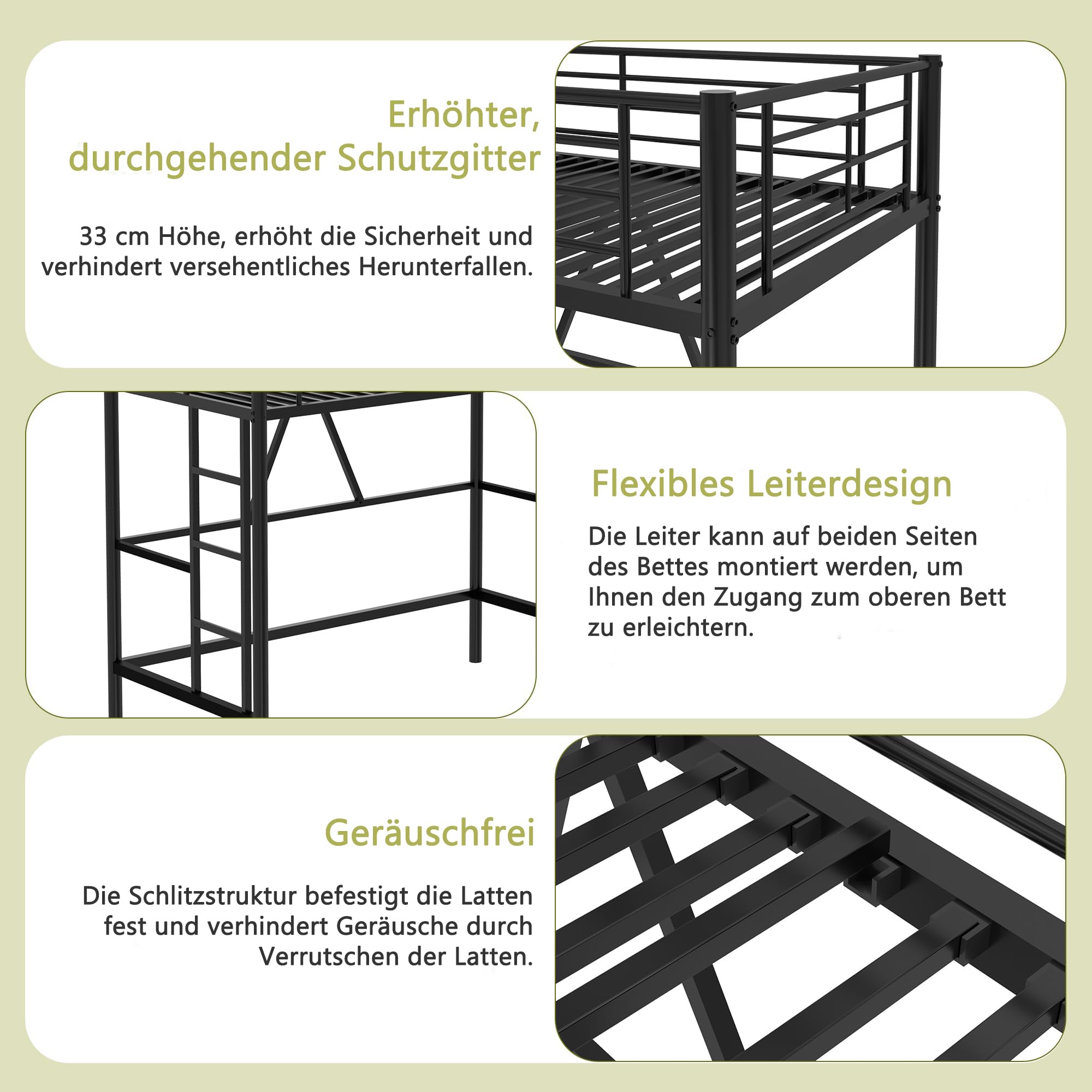 VECELO Etagenbett 90 x 200 cm aus Metall, Hochbett mit 150 cm Bodenfreiheit, abnehmbare Leiter und hohes Sicherheitsgeländer, geräuschfrei konstruiert für Kinder, Jugendliche und Erwachsene, schwarz