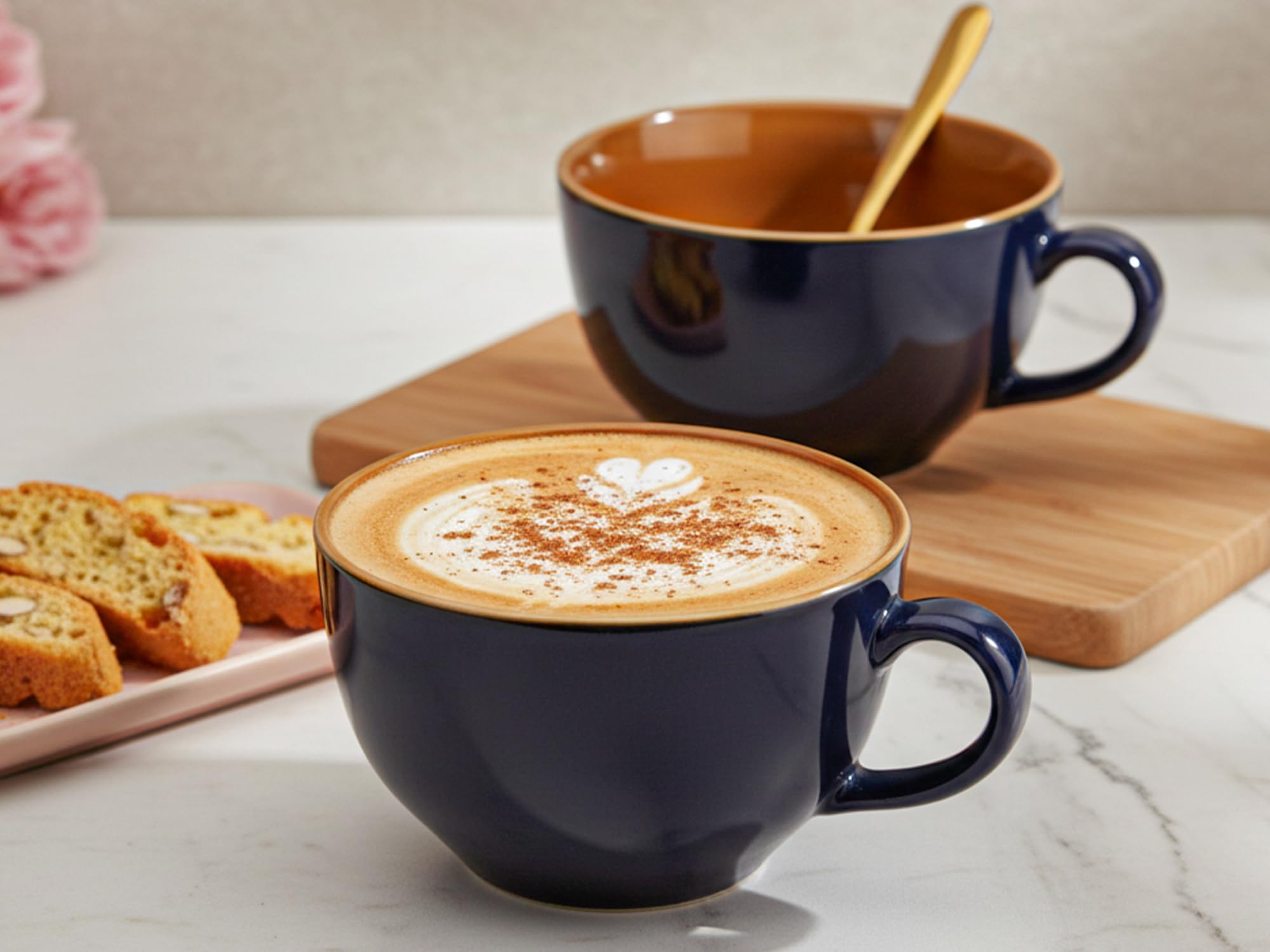 Ceramic Coffee Wide Large Mug with Handle - Set of 2, 350Ml Glossy Finish | Bone Ash Free & Microwave Safe | for Cappuccino, Latte, Green Tea - Royal Blue
