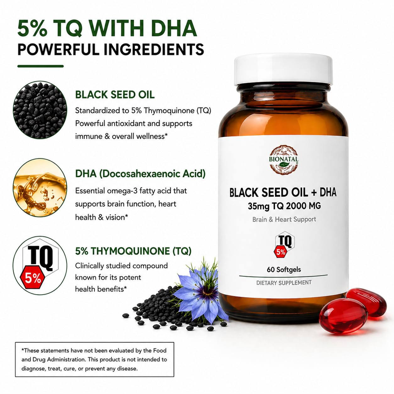 BioNatal Premium Black Seed Oil + DHA Softgels – 5% Thymoquinone (TQ) – Algal Oil Omega-3 & Organic Flaxseed Oil – 2000mg Total Complex – Supports Immunity, Brain, and Joint Health – 60 Softgels — Amazon image 4