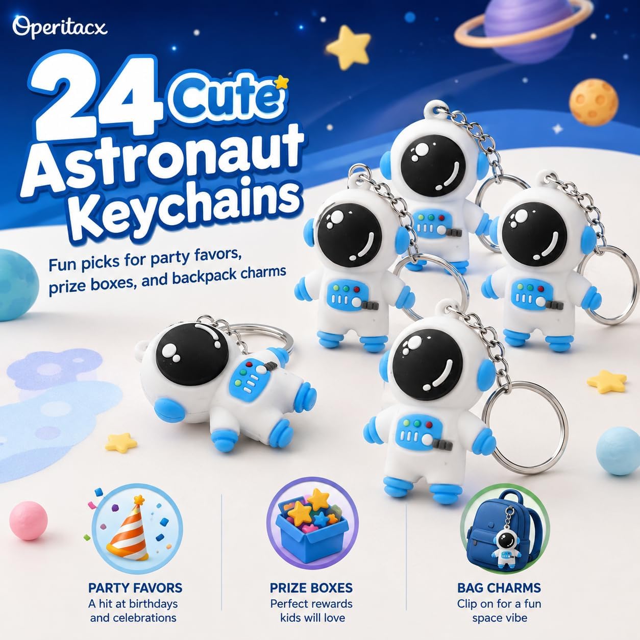 Operitacx 24 Pack Astronaut Keychains for Space Party Favors, 4.5 cm