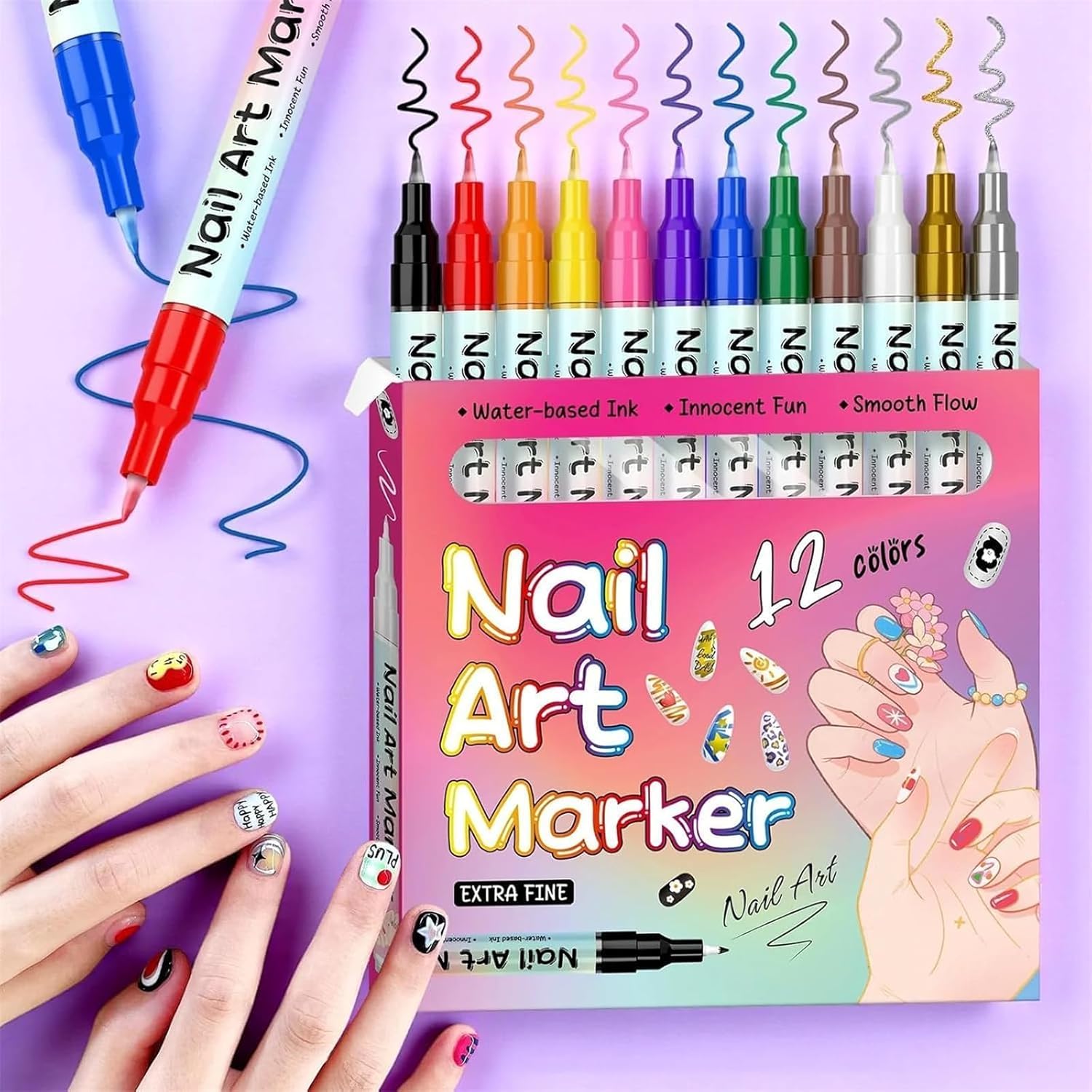 Waterproof Nail Art Pen, 12 Colors Nail Art Pens Set, Fine Tip Nails Arts Pens 0.5mm, Precision Tip, Quick Dry, Nail Art Markers, For Xmas Manicure Tools (24set)