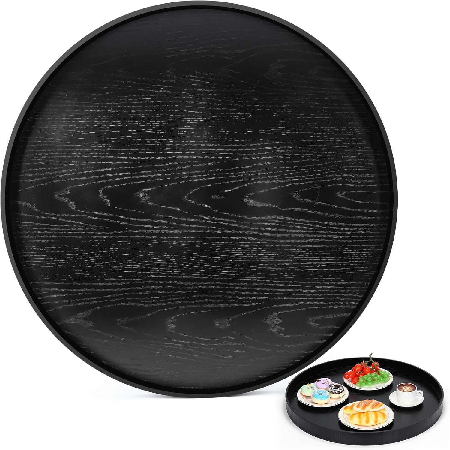 Jinei Large Round Serving Tray 24 x 24 Inch Black Solid Wood Tea Tray for Ottoman for Home, Office, Tea House, Bar, Food, Snack, Table, Breakfast Serve, Decorative