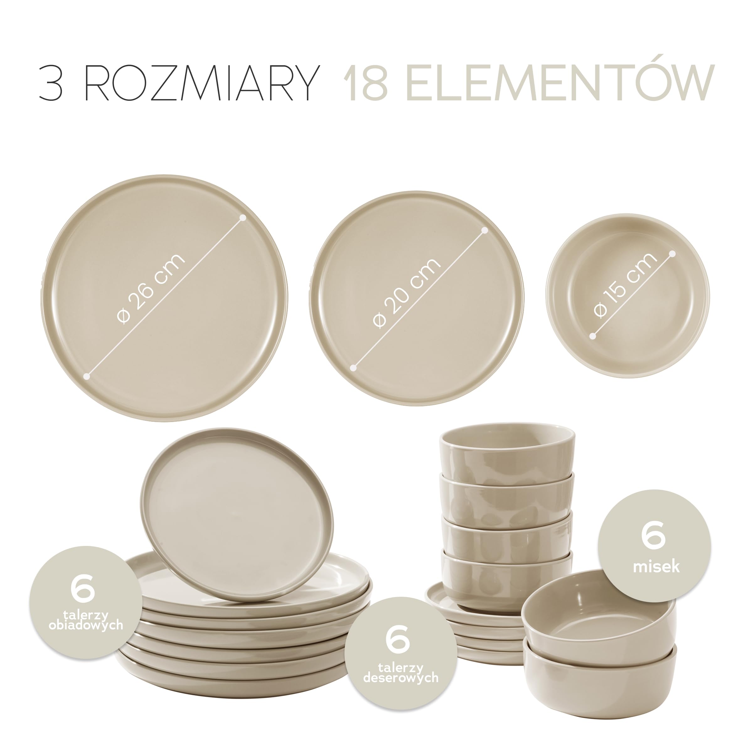 Zestaw naczyń z gresu porcelanowego dla 6 osób, 18 części — wytrzymalszy i odporny na zarysowania niż zestaw talerzy i misek z terakotą, beżowy połysk | Zestaw stołowy składający się z 6 talerzy