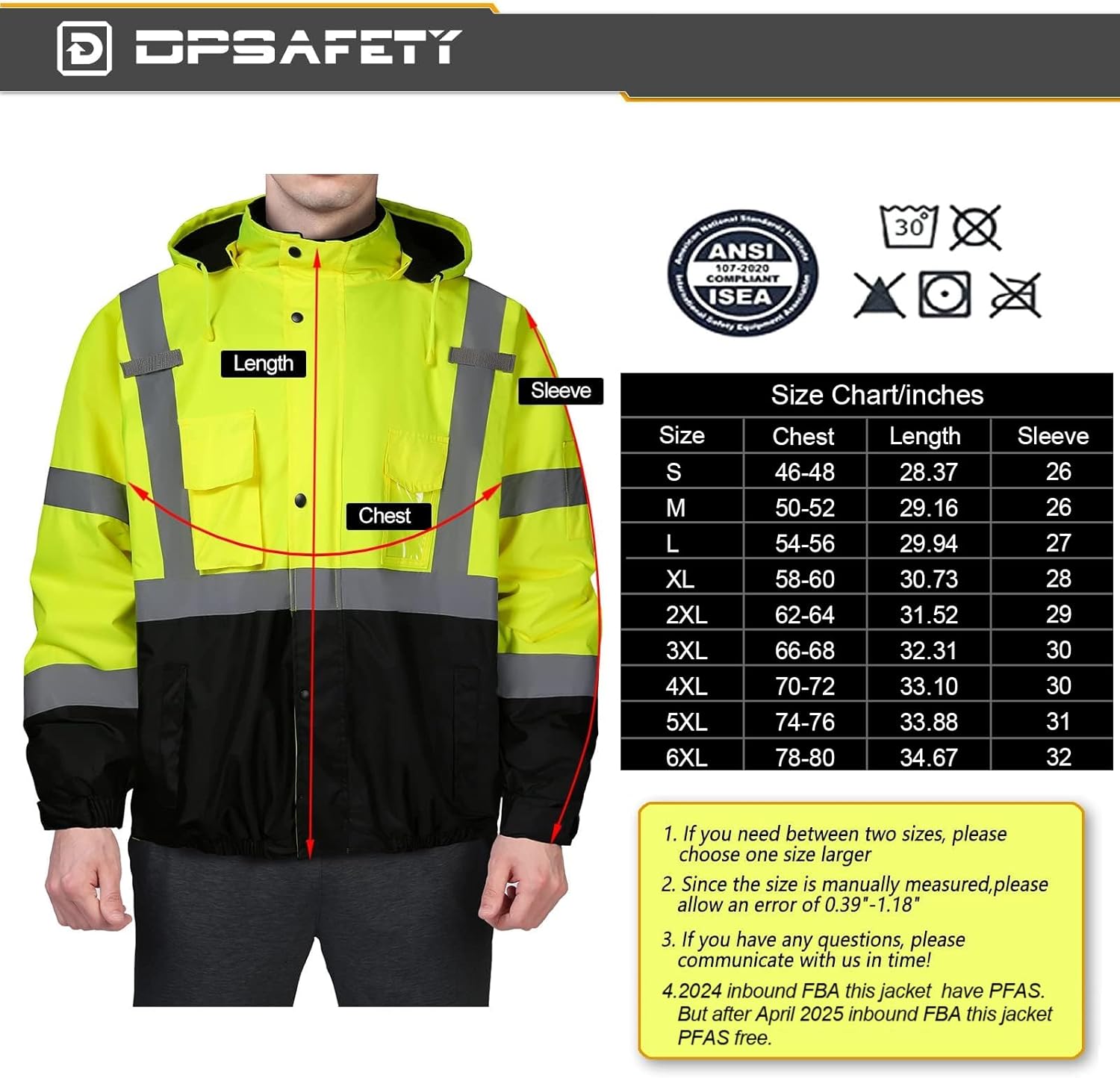 Safety jacket for men,Reflective high Visibility Hooded jacket,Hi-Vis Bomber Jacket with Pockets and Zipper,Waterproof,Black Bottom,ANSI/ISEA 107-2020 Type R Class 3,Lime - Image 6
