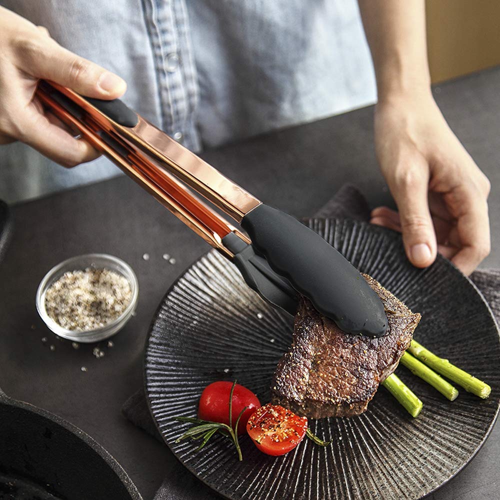 Cooking Tongs-Rose Gold Tongs Copper Stainless Steel Silicone Tipped Kitchen Food BBQ and Cooking Tongs 30CM for Non Stick Cookware, BPA Fee, Locking, Grill Tongs(Black)