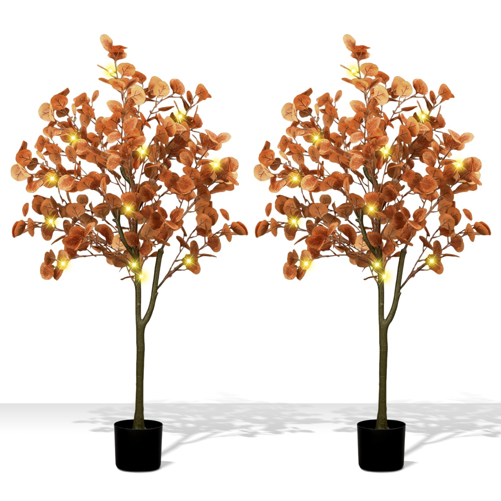 2 Pcs 4ft Lighted Fall Eucalyptus Tree, Artificial Autumn Decor