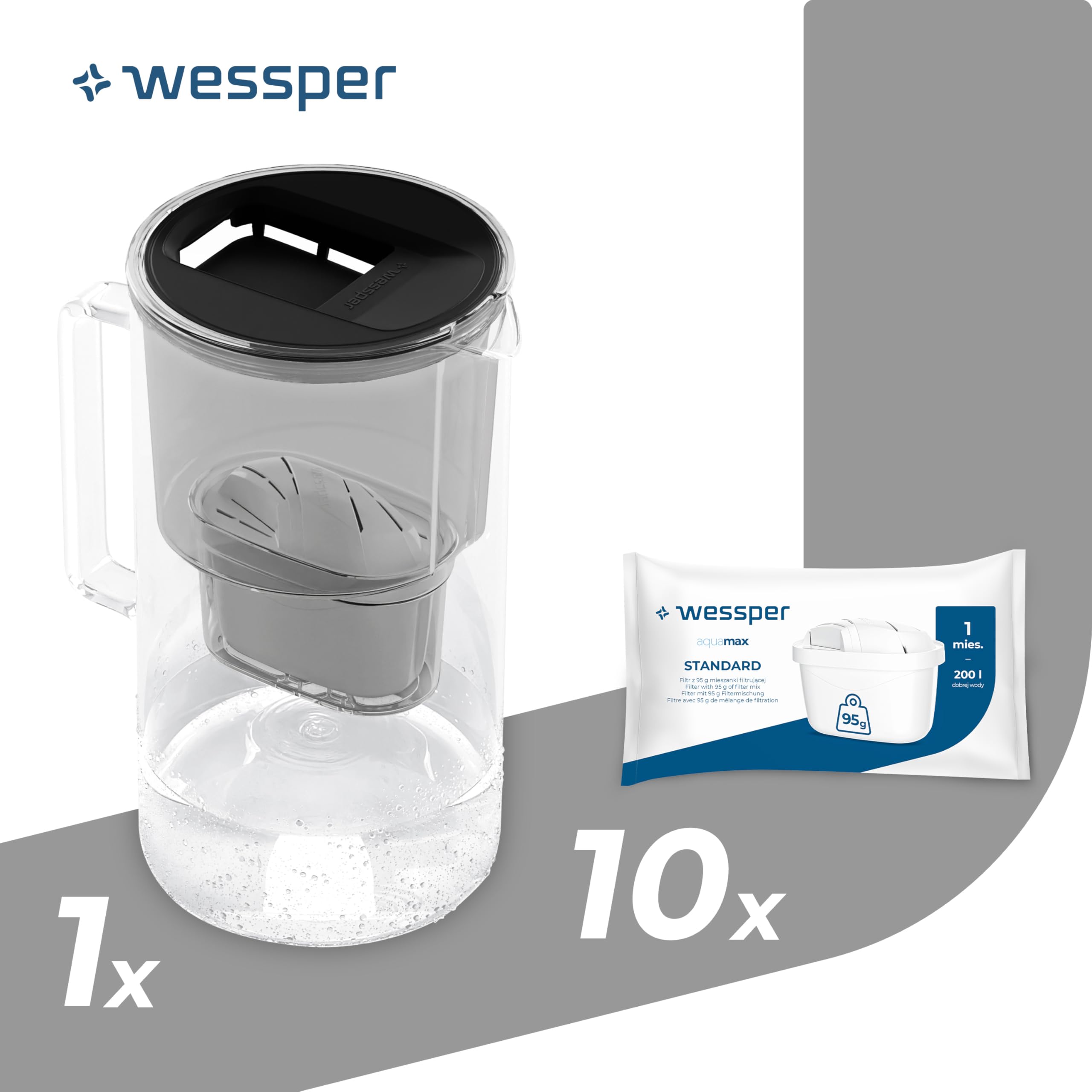 Wessper Wasserfilter Kanne Glas 2,5L, Set Wasserkanne und 10 Filterkartuschen, Kompatibel mit Brita Maxtra, Wasserkaraffe für Trinkwasser mit Ersatz Filter - Schwarz