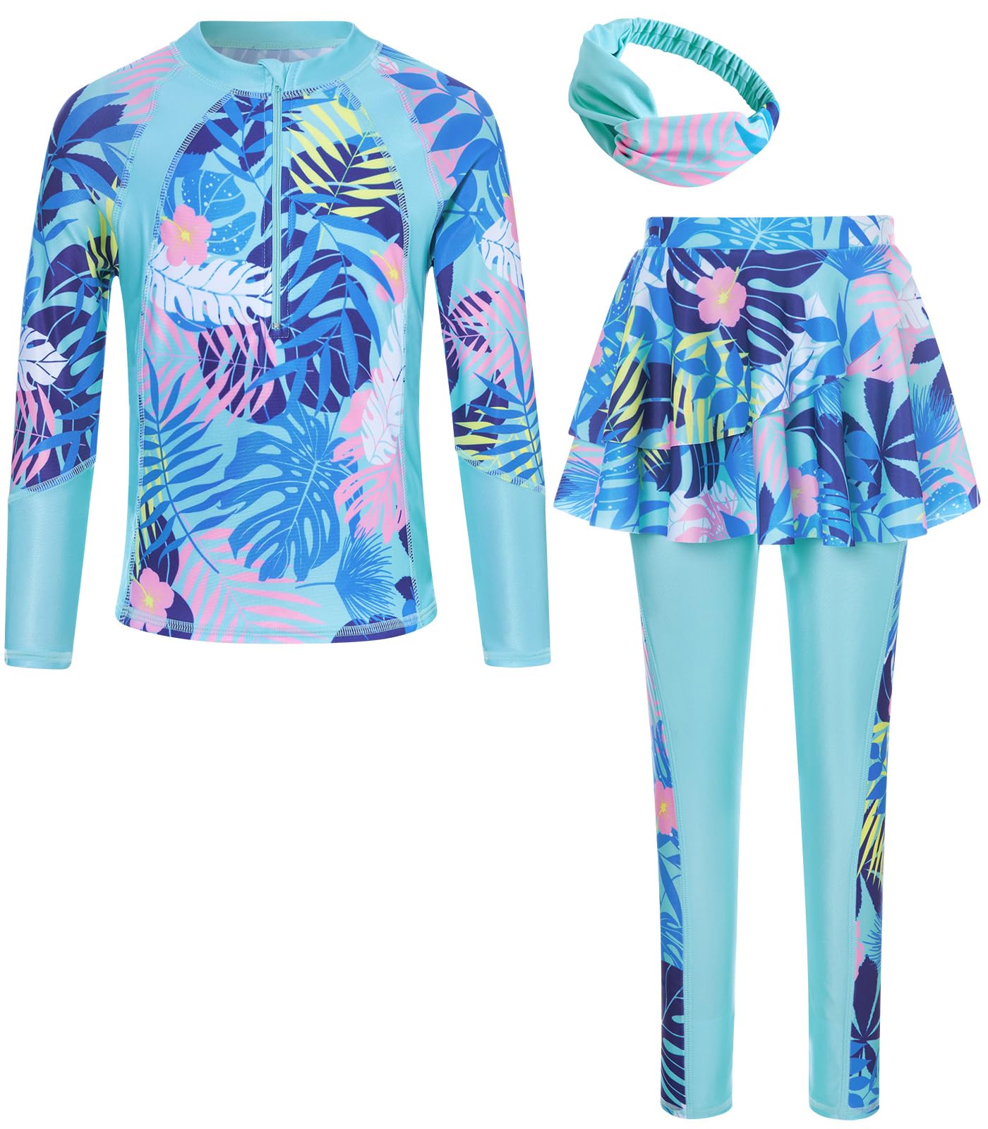 Girls Long Sleeve Rashguard Half Zip Swimsuits UPF 50+ Two Piece Swim Sets with Hairband 5-12Y | Two Piece Swim Sets with Hairband