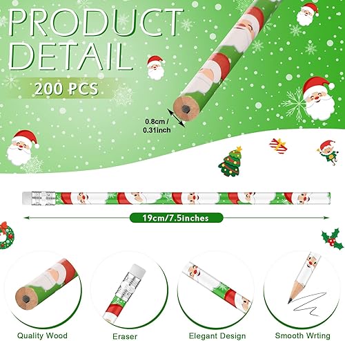 Miniatura 2 de 200 lápices de Navidad a granel para niños, Navidad, reno, muñeco de nieve, Papá Noel, copo de nieve, pan de jengibre, elfo, alce, lápices con
