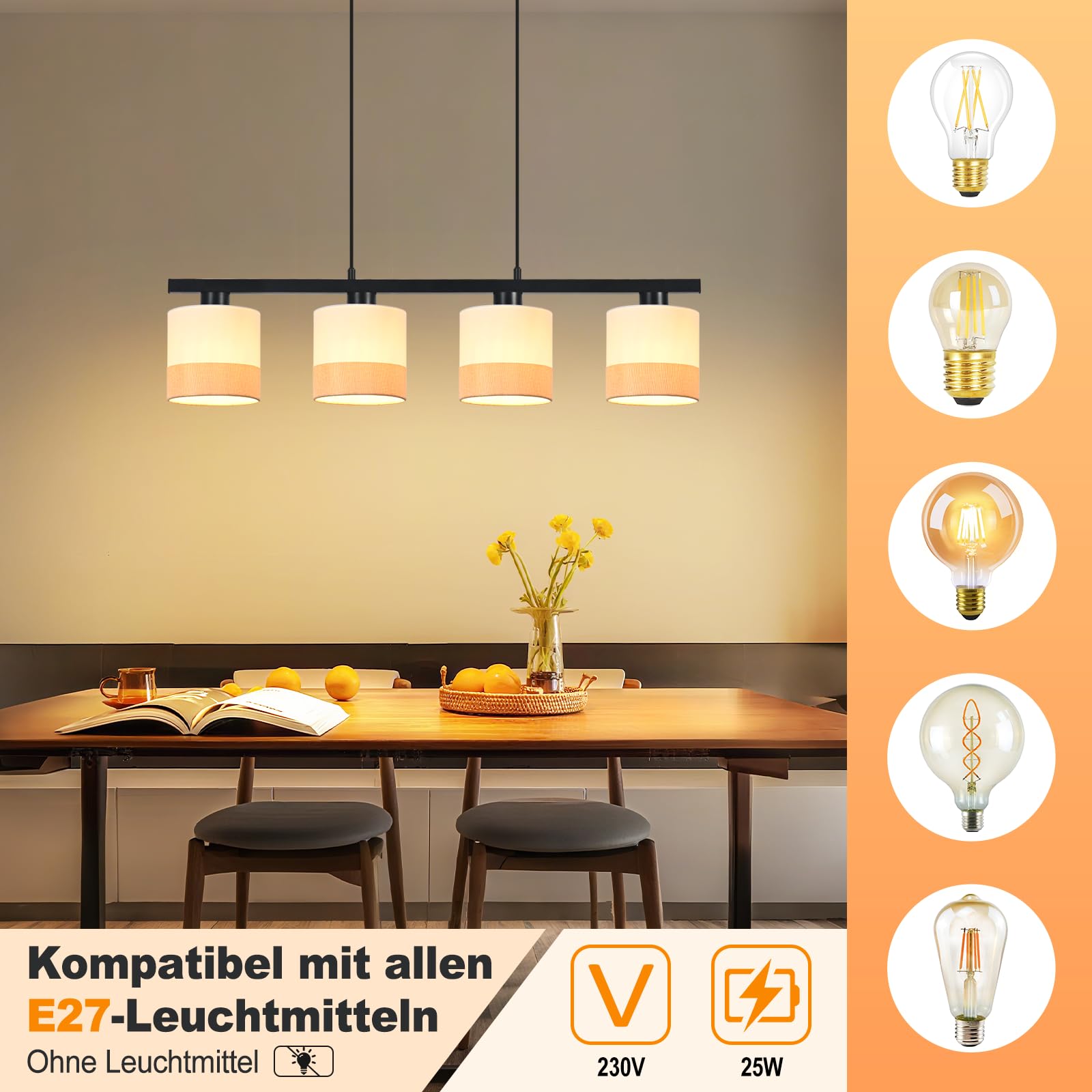 CBJKTX Hängelampe Esstisch 4‑flammig Stoff E27 höhenverstellbar für | Esszimmer, Schlafzimmer und Wohnzimmer (ohne Leuchtmittel)