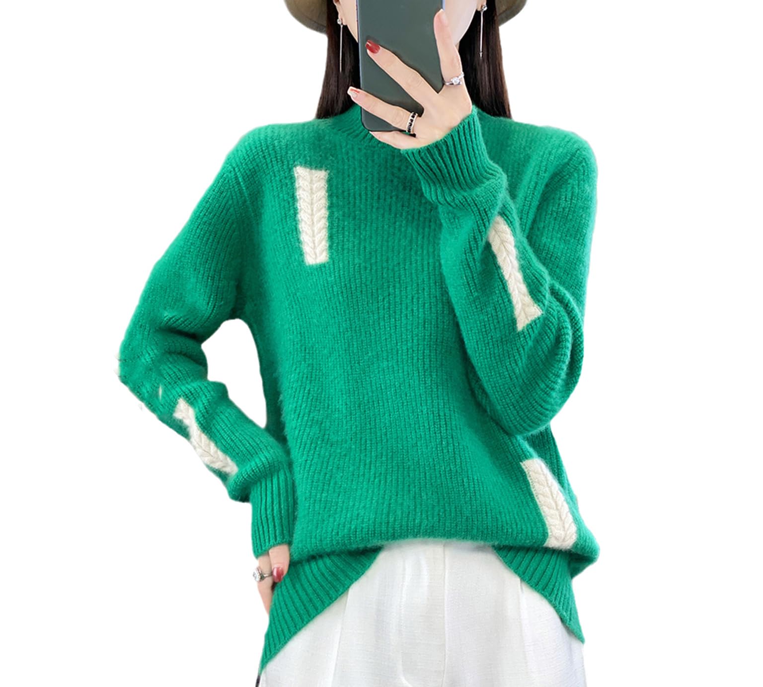 Suéter Grueso De Lana Merina para Mujer, Suéter Grueso De Cuello Medio Alto, Jerseys De Punto Informales De Manga Larga A Juego De Colores