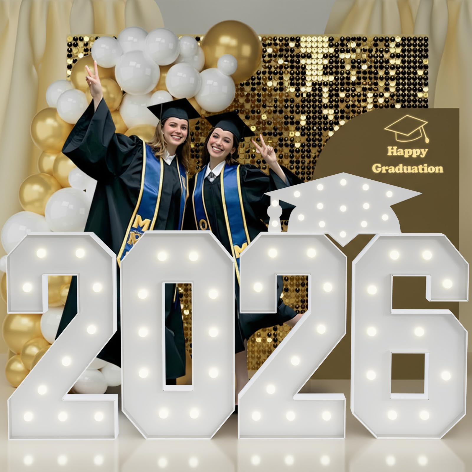 Photo 1 of 2026 Graduation Decorations Marquee Numbers: 4FT Large Light Up Numbers Grad Decorations Class of 2026 Sign for Graduation Party Preschool High School College White Foam Board Backdrop Pack of 5