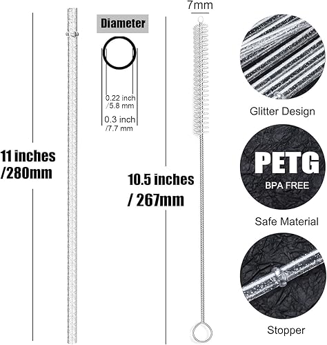Miniatura 2 de ALINK 12 popotes reutilizables con purpurina dorada transparente, vaso de plástico duro de 11 pulgadas de largo con cepillo de limpieza