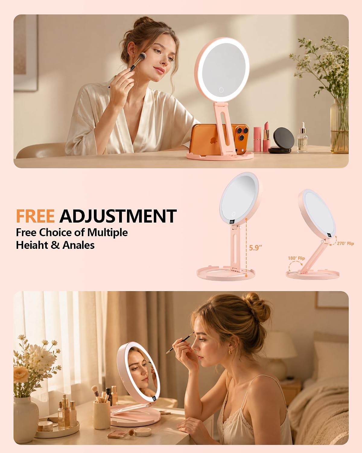 Foldable Travel Makeup Mirror with Lights 20X/1X Magnifying Mirror