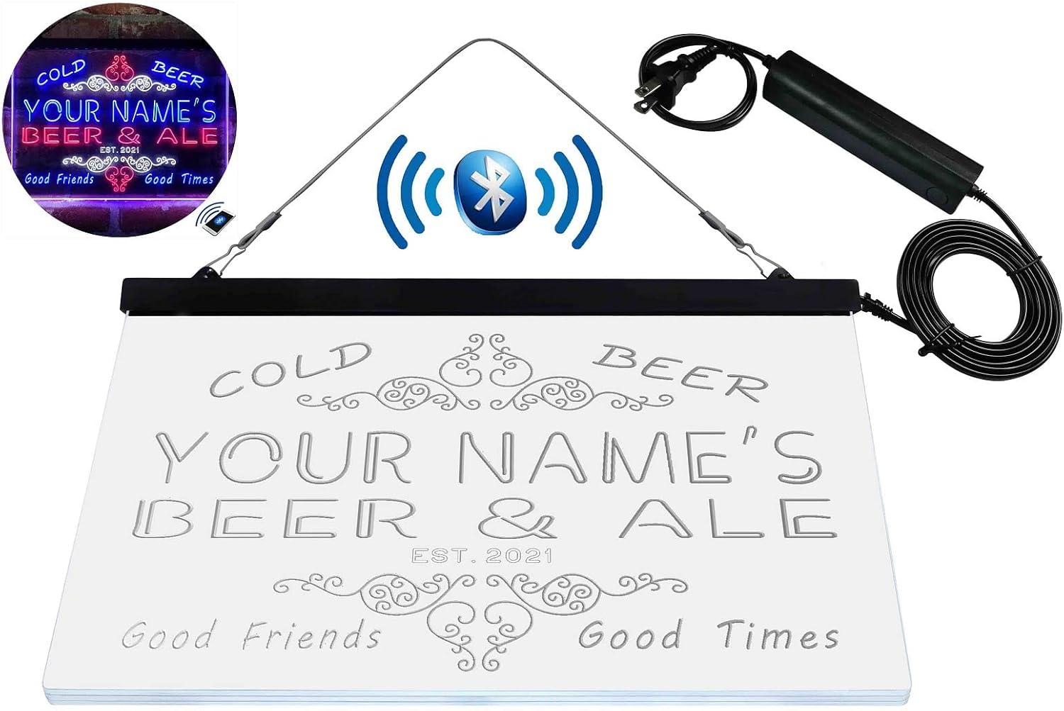 Personalized Beer & Ale Bar Tri-Color LED Neon Light Sign Customize Name Date Text Quote Font White & Red & Blue 23.6 x 17.1 Inches st9s64-qs1-tm-wrb