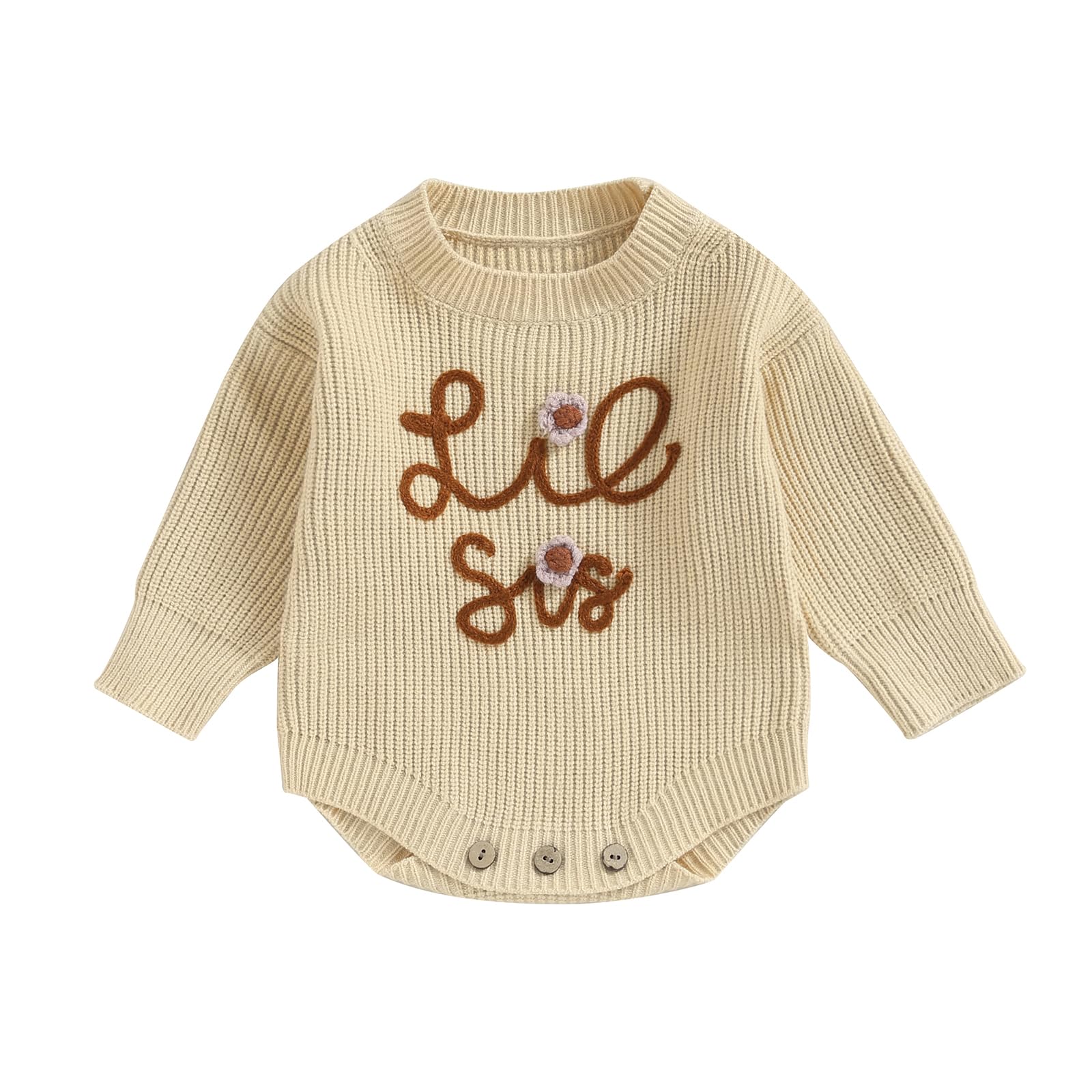 FEIBEL Unisex Baby Knit Sweater Rompers Baby Boy Girl Winter Warm Sweaters Leter Embroidery Crewneck Pullover Knitwear (Lie Sis Khaki, 0-3 Months)