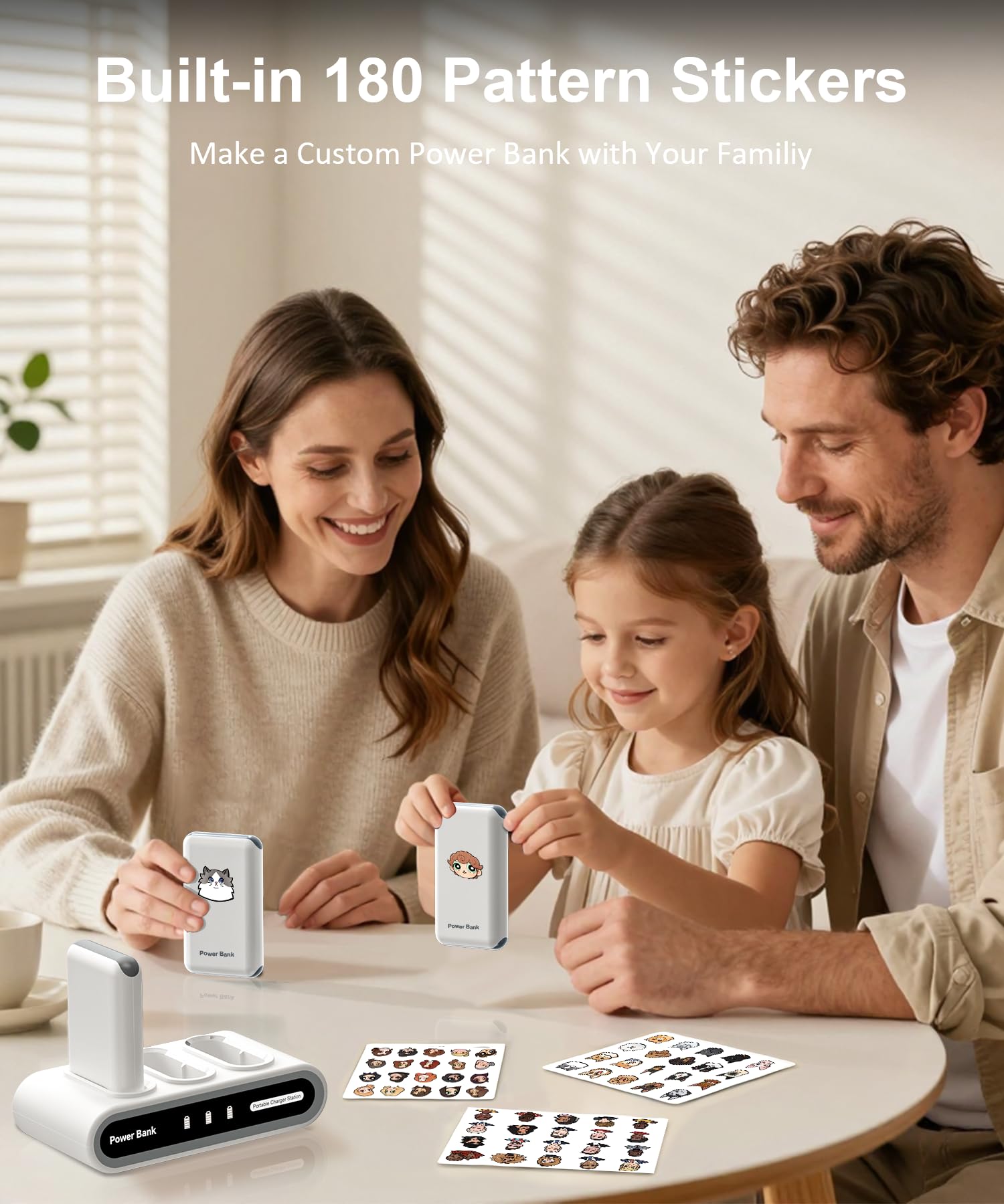 Powerbank mit Ladebasis, 3 Stück 9000mAh Powerbank Klein mit Kabel | USB-C Ausgang/Eingang für 9 Geräte Gleichzeitig und iPhone Samsung, Ladestation für Familien, Zuhause, Büro, Camping