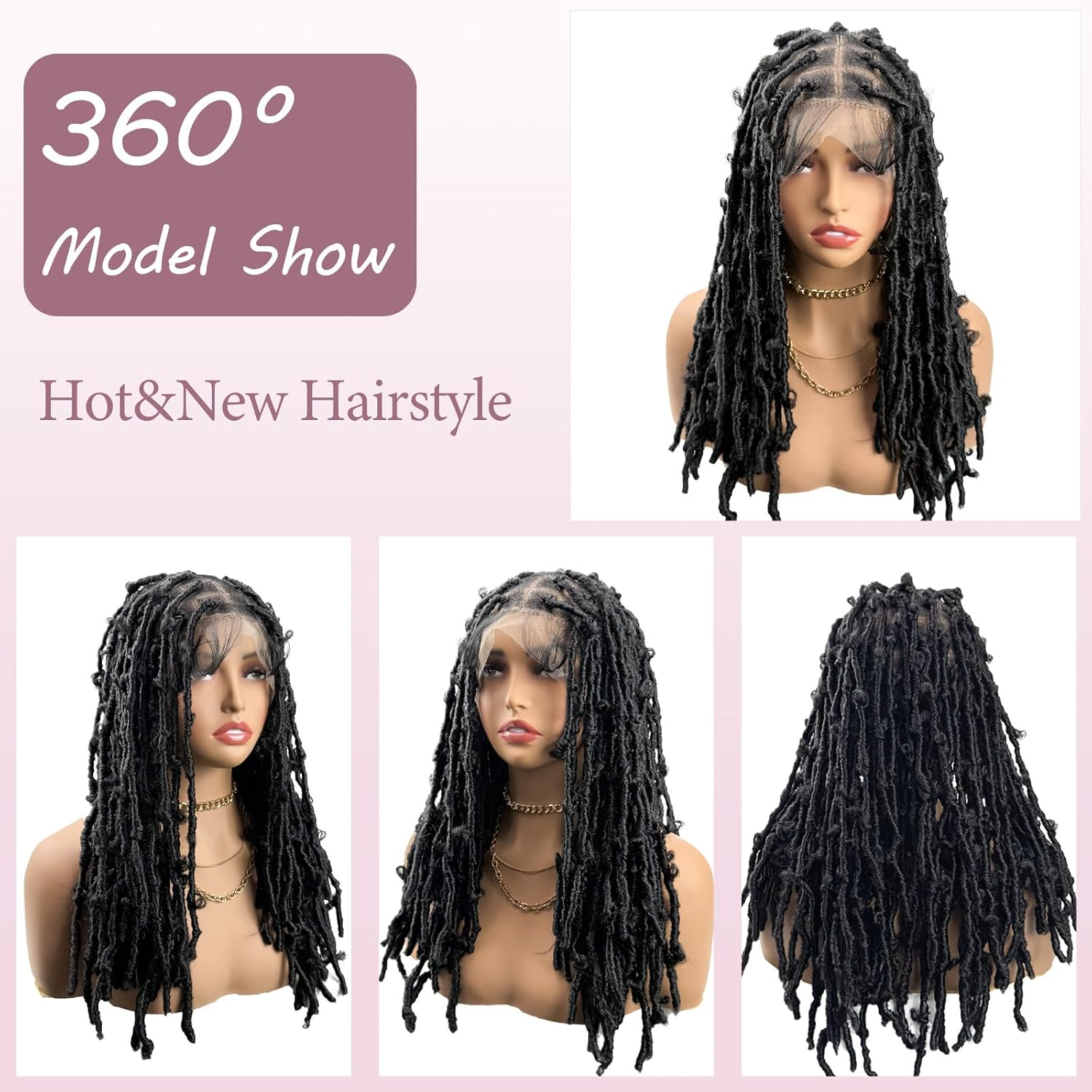 18" Large Knotless Butterfly Locs Braided Wigs Full Double Lace Short Braid Wig for Black Women Lace Frontal Human Hair Blended Braided Wig Lace Front Braids Wigs with Baby Hair (Black)