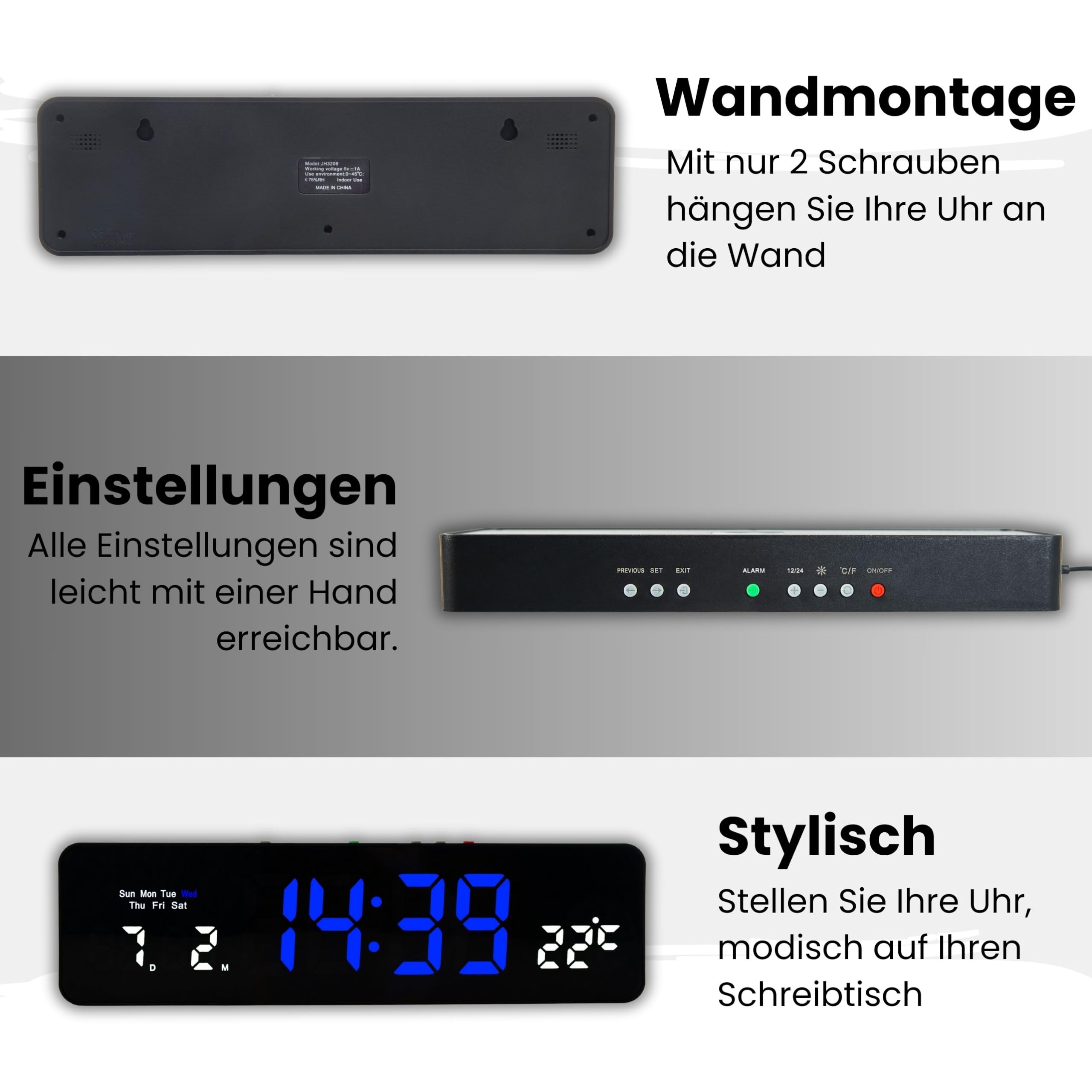 Wanduhr Digital, LED Tischuhr mit Temperaturanzeige, Wecker Snooze, 12/24-Stunden-Anzeige, LED-Uhr, USB-C Uhr mit Datumsanzeige (Weiß Grün)
