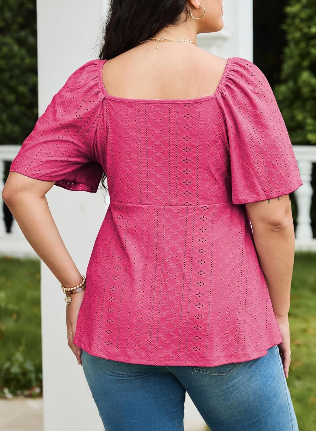 Eytino Womens Plus Size Tops Sweetheart Neck Short Sleeve Eyelet Embroidery Summer Loose Peplum Shirts(1X-5X) - Image 2