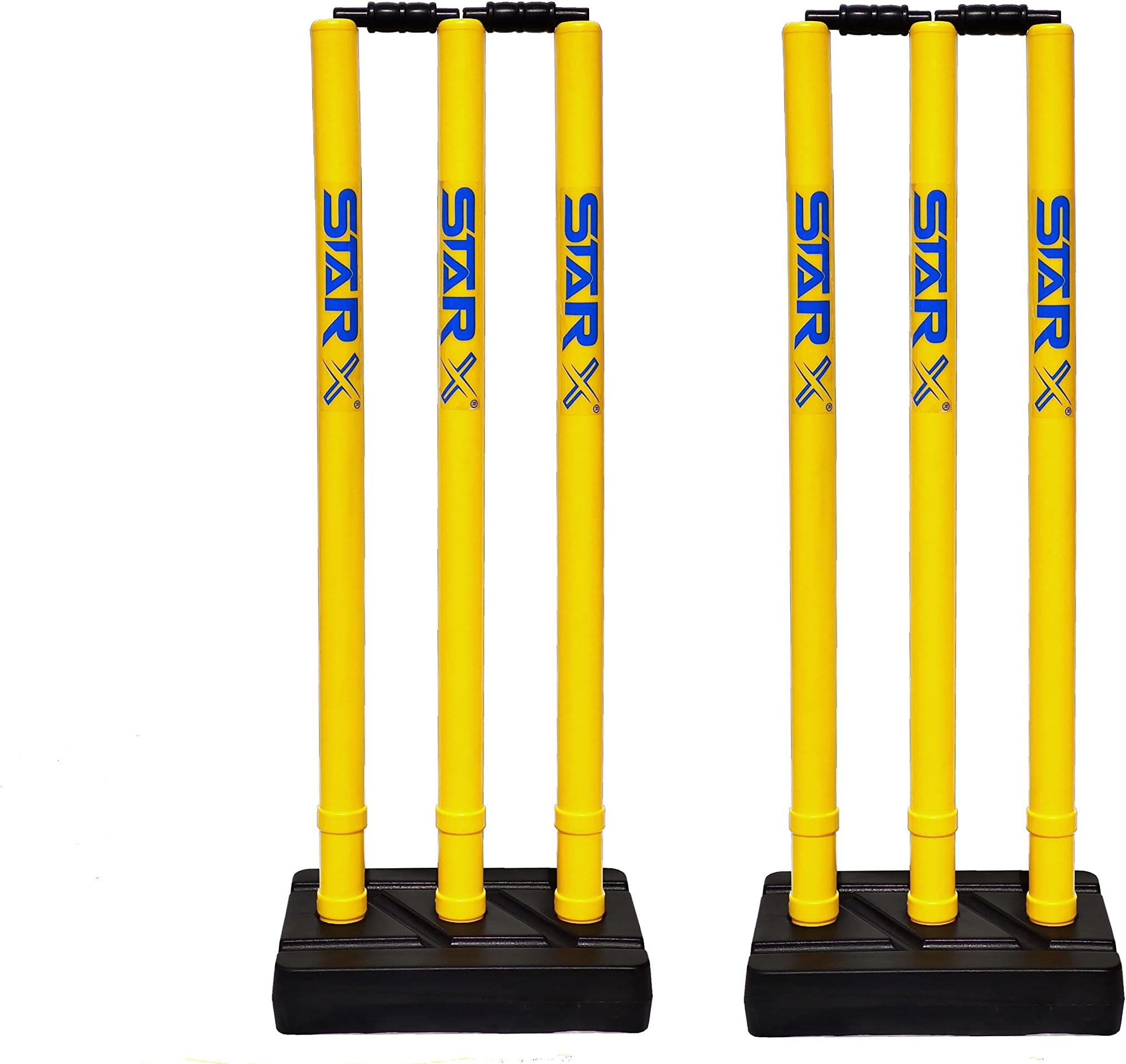 Star X Plastic Cricket Stumps Set, 6 x Yellow Wicket, 4 x Black Stumps and 2 x Black Base