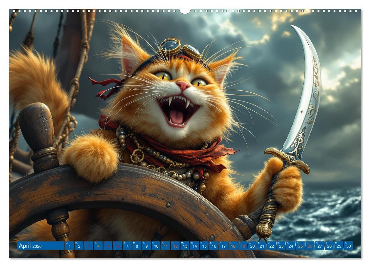 Piratenkatzen- Samtpfoten auf Kaperfahrt (Wandkalender 2026 DIN A2 quer), CALVENDO Monatskalender: Die Abenteuer der Piratenkatzen. (CALVENDO Tiere)