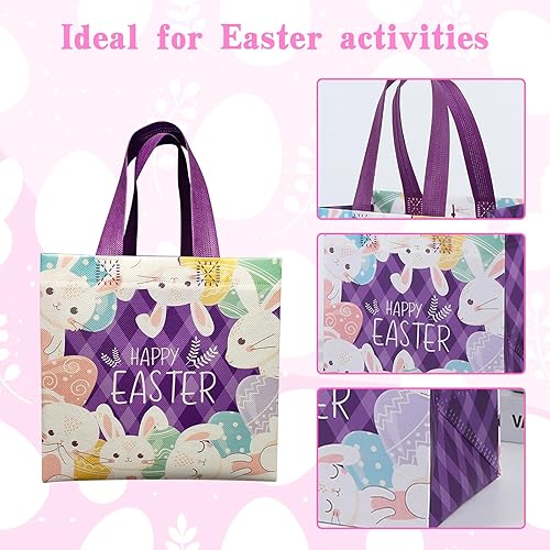 Miniatura 2 de Paquete de 12 bolsas de caza de huevos de Pascua de 8 x 8 x 6 pulgadas, 6 diseños únicos, diseño colorido de huevos de conejito de primavera, bolsas