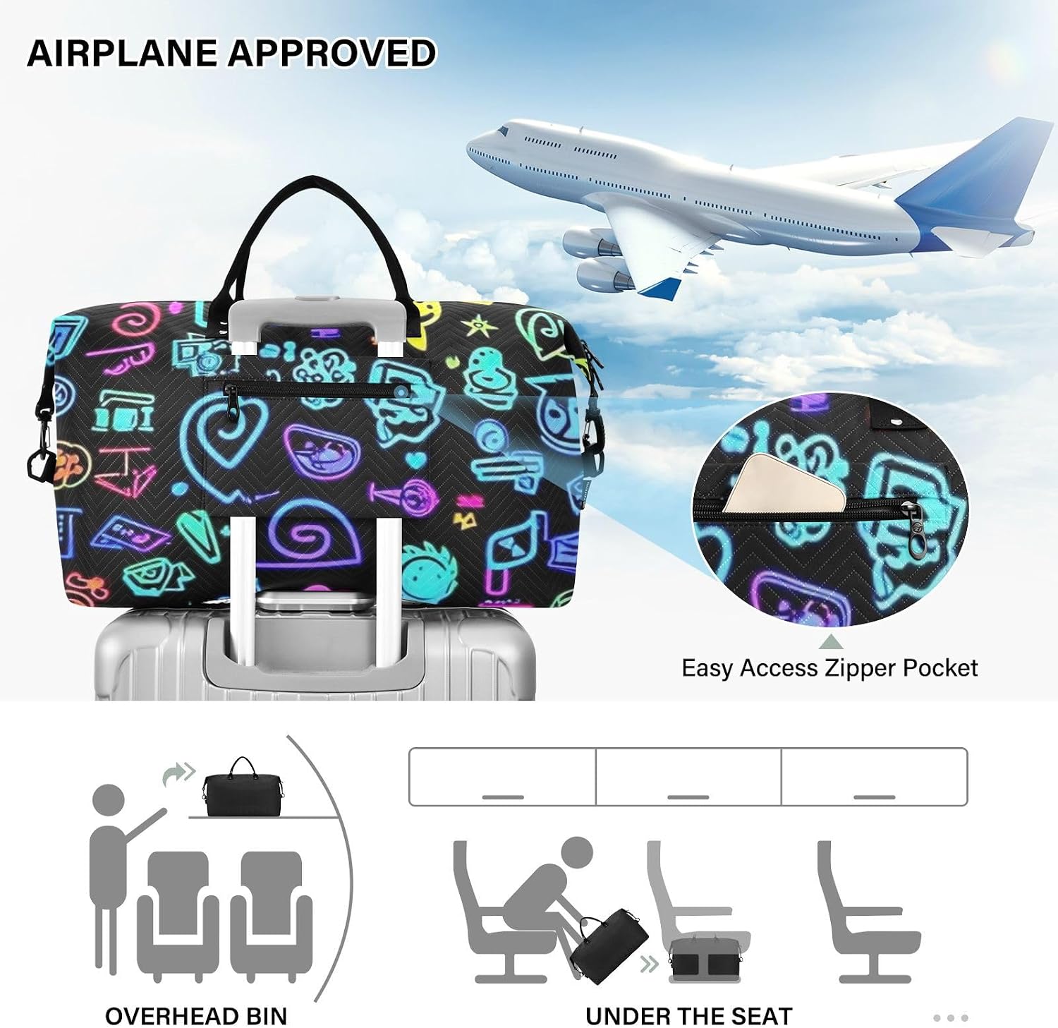 Colorful Dazzling Trendy Neon Glow Patterns Travel Tote Bag Large Carry On Bag Gym Bag with Toiletry Bag for Yoga 2 Pcs Set