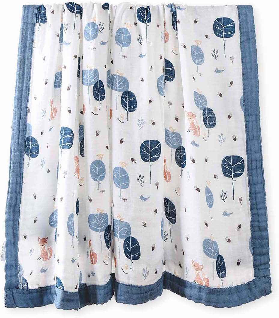 100% Bamboo Cotton Swaddle Baby Blanket, Premium 4 Layer Thick Muslin Blankets for Newborns, Large 47" x 47"，Unisex Infant Toddler Boys and Girls Gift, Fox
