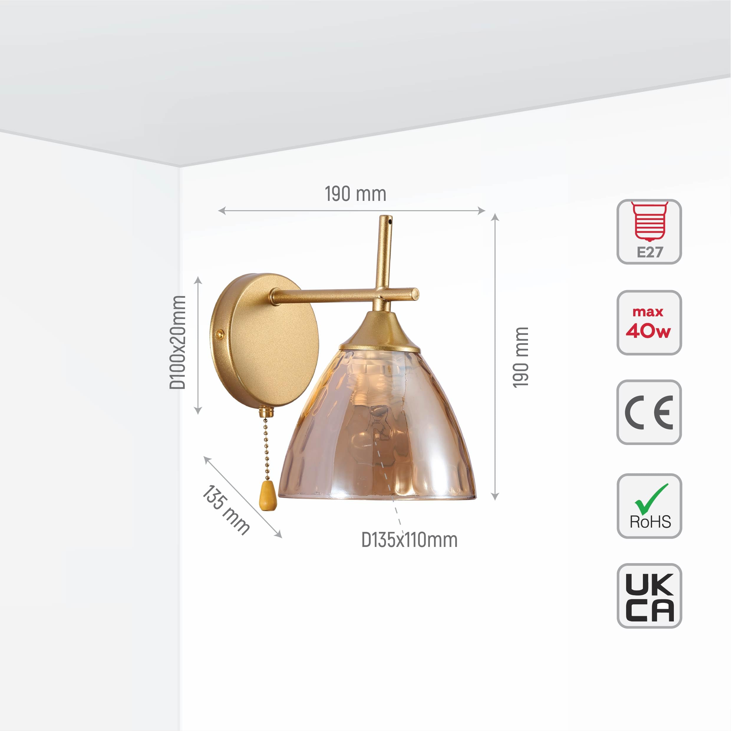 TEKLED myHome Modern Cone Glass Wall Light, Gold - Amber - Image 3