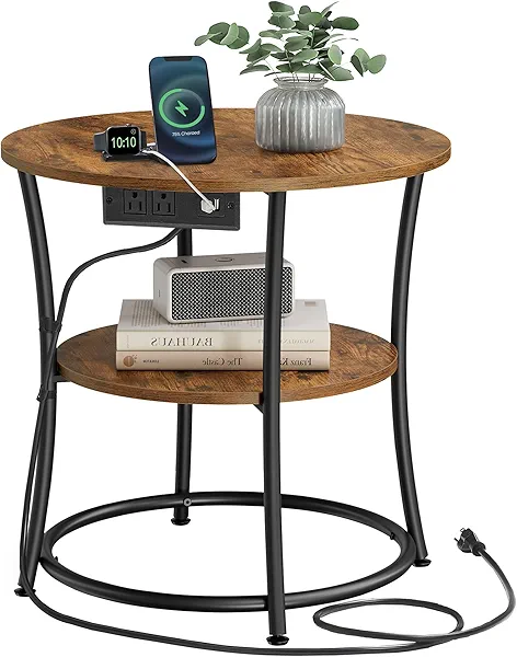 VASAGLE Side Table, 2-Tier Round End Table with Power Outlets, Nightstand with Steel Frame for Small Spaces, Living Room, Bedroom, Rustic Brown and Ink Black ULET077K01 Rustic Brown + Ink Bl