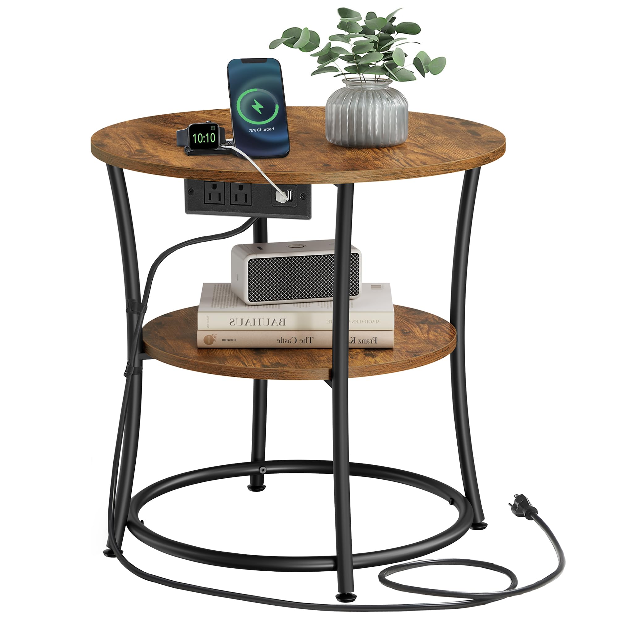 VASAGLE 21.7-Inch Round Side Table, 2-Tier End Table | Nightstand with Steel Frame, Spacious Top, for Small Spaces, Living Room, Bedroom, Rustic Brown and Ink Black ULET077K01