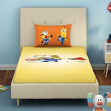 SPACES Minions 100% Cotton Single Bedsheet with Pillow Covers Stain Release Breathable Fabric Skin Safe Printed(152CMX224CM/43CMX68CM) - Yellow