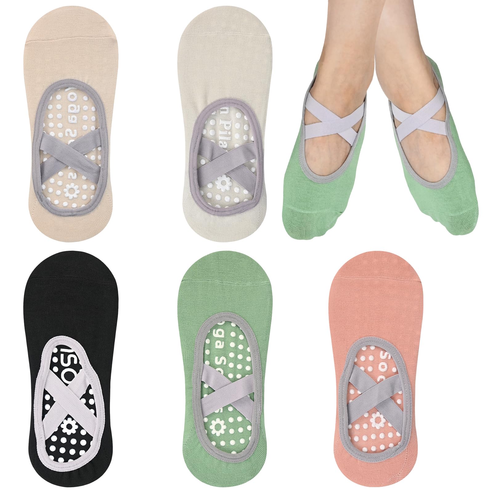 srclo 5 Pairs Non-Slip Grips Yoga Socks, Grippy Socks for Women Non-Slip Grips & Straps, Ideal for Pilates, Barre, Home Workout (Multicolor)