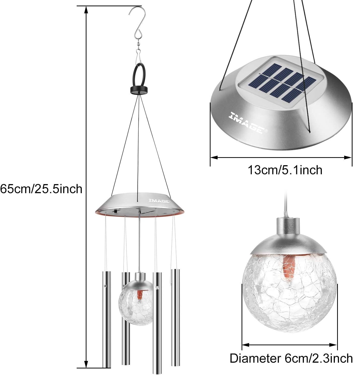 IMAGE Solar Wind Chime Outdoor Hanging Lights Crackle Glass Ball Wind Chimes Color Changing Lights with Metal Tube Hanging Garden Lights for Patio Yard Home Decor Gifts for Mom Women - Image 8