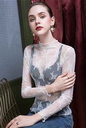 Women's Fashion Long Sleeve Slim Fit See Through Sheer Floral Mesh Blouse Top Elegant Sexy Solid Color Mesh Tunic Top