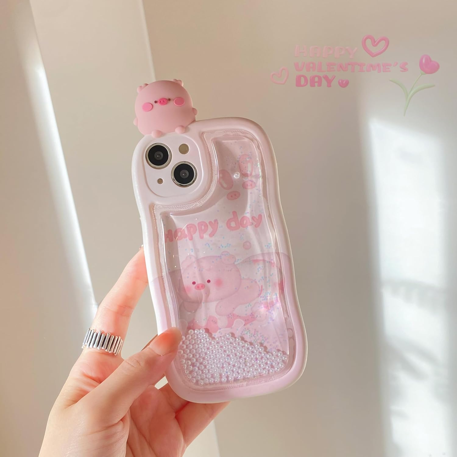 Flowing Liquid Quicksand Case for iPhone 16 Pro Max,Cute Kawaii Wave Frame Character Funny Swimming Pig Full Camera Protection Kids Girls Women TPU Case for iPhone 16 Pro Max 6.9 inch - Image 6