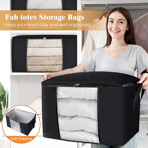 Vista 47 de Fab totes Paquete de 6 bolsas de almacenamiento plegables para mantas, contenedores de almacenamiento para organizar dormitorio, armario, ropa, Negro