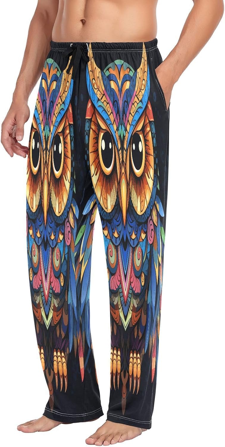 ALAZA Owl Print Ethnic Bohemian Men's Pajama Pants Men Cotton Pajama Bottoms with Pockets, S