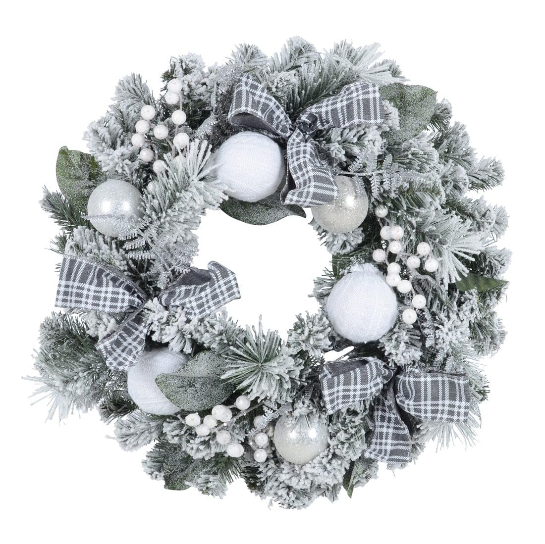 Christmas Wreath Artificial Snow Covered Silver Pine Grey Tartan Bows 60cm
