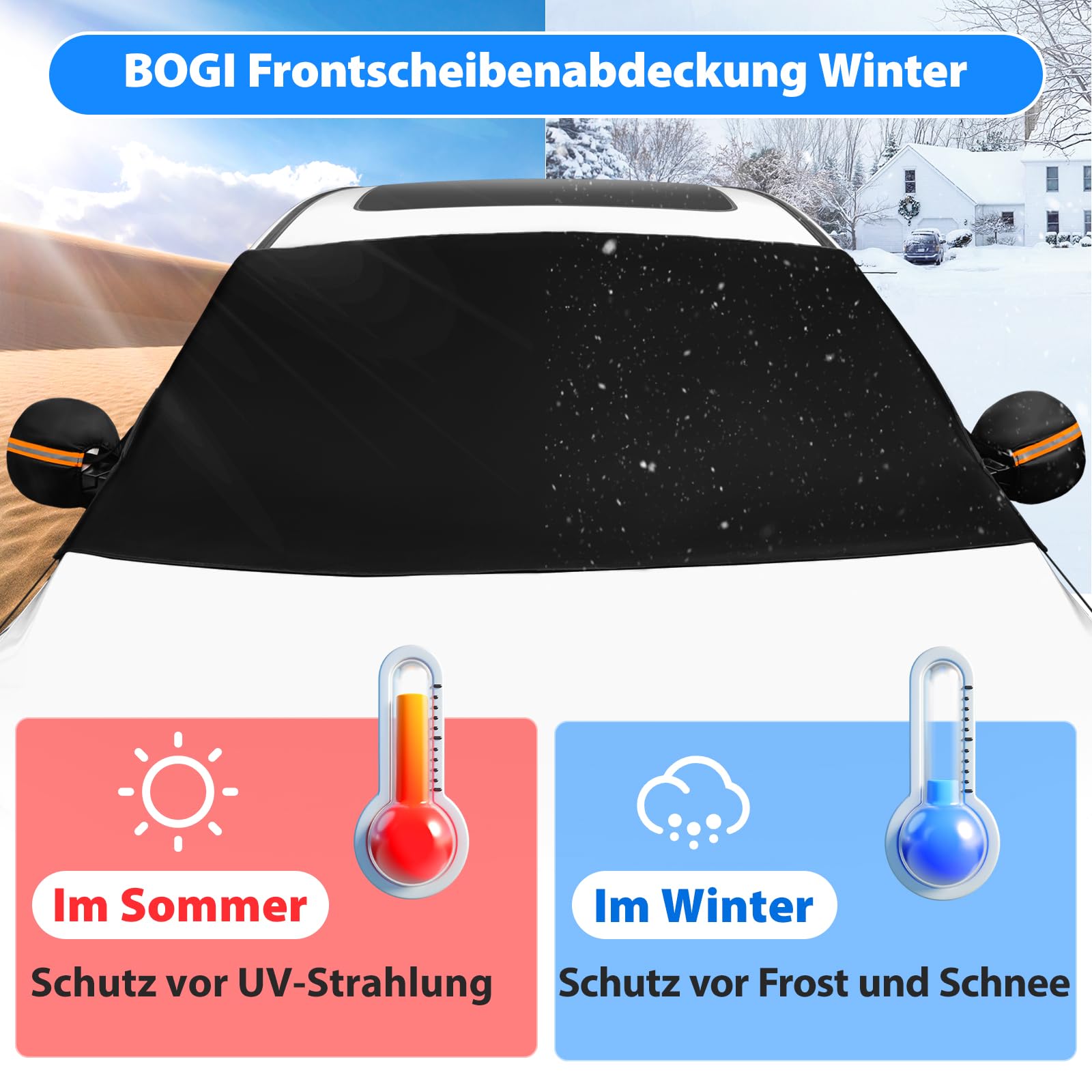 BOGI Frontscheibenabdeckung Winter, 600D wasserdichte & EIS Schnee Windschutzscheibenabdeckung Auto Frostabdeckung Sonnenschutz Winschutzscheiben Abdeckung Faltbar für Auto SUV LKW (195x120CM)