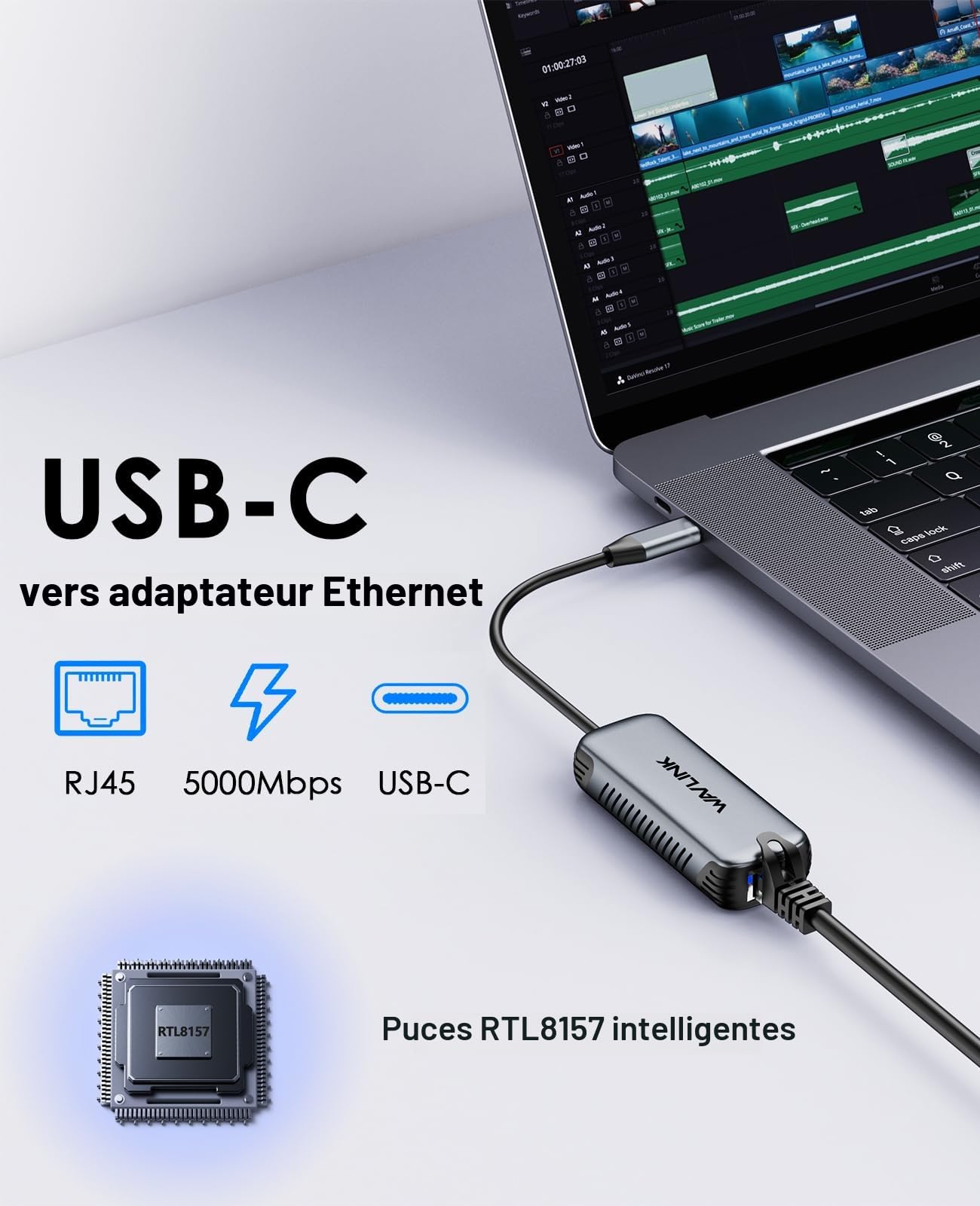 WAVLINK Adaptateur USB C vers Ethernet 5Gbps, Réseau Gigabit RJ45 sans Pilote