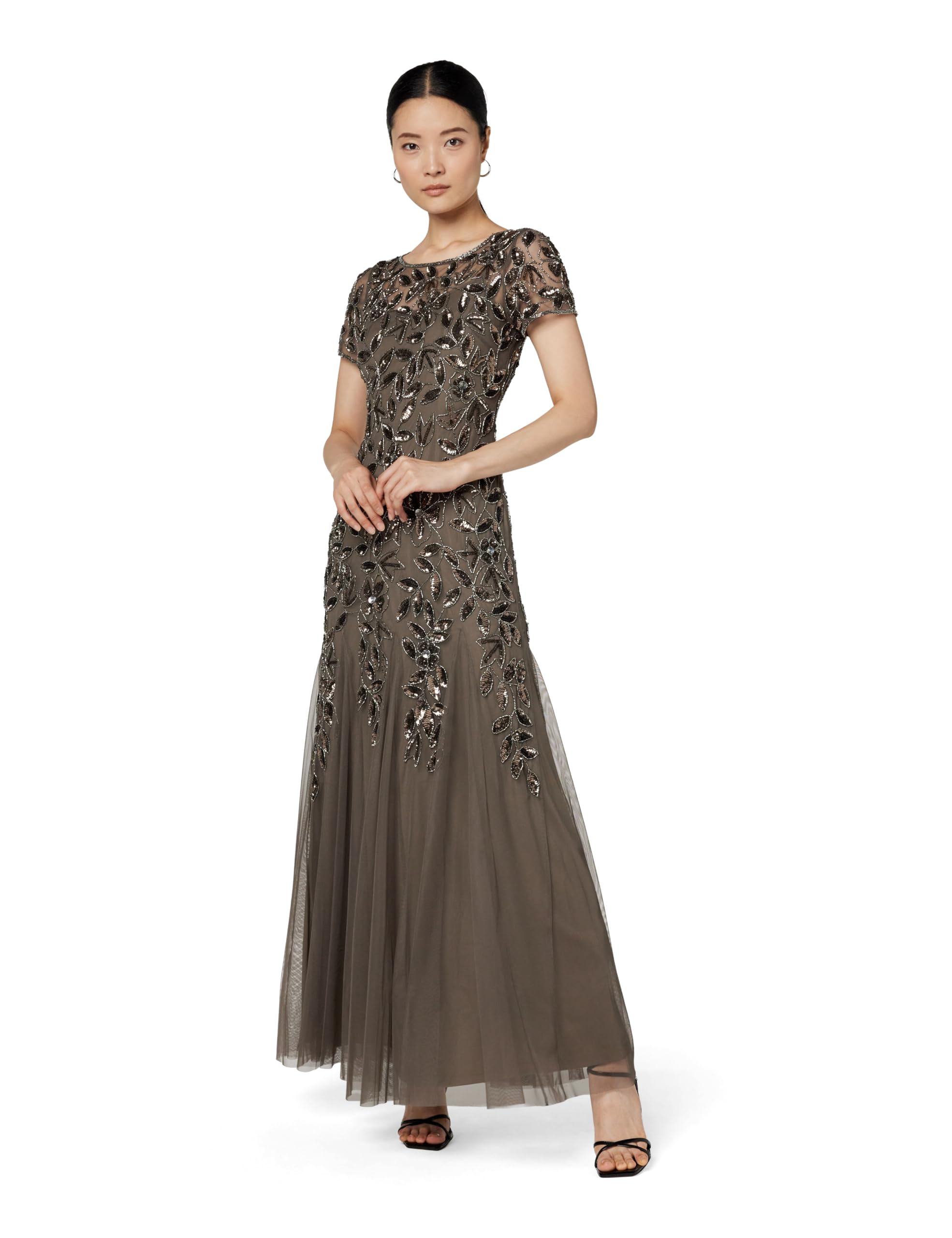 Adrianna Papell Women's Beaded Gown with Godets Special Occasion Dress, Lead, 14